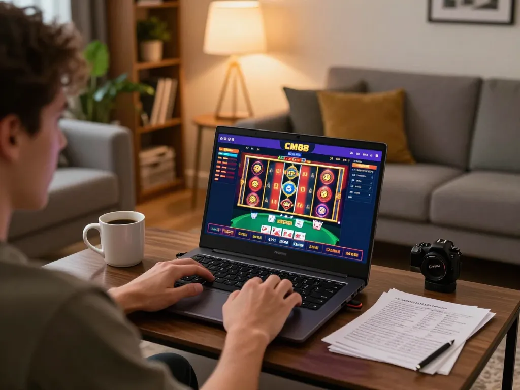CM88 gaming session on a laptop, showcasing strategic online betting in a cozy atmosphere.