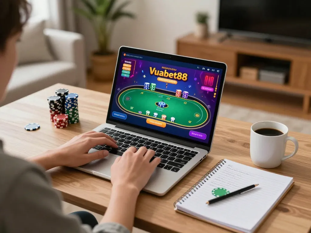 Excited player engaging with poker game interface on Vuabet88 at home, perfect for responsible gambling
