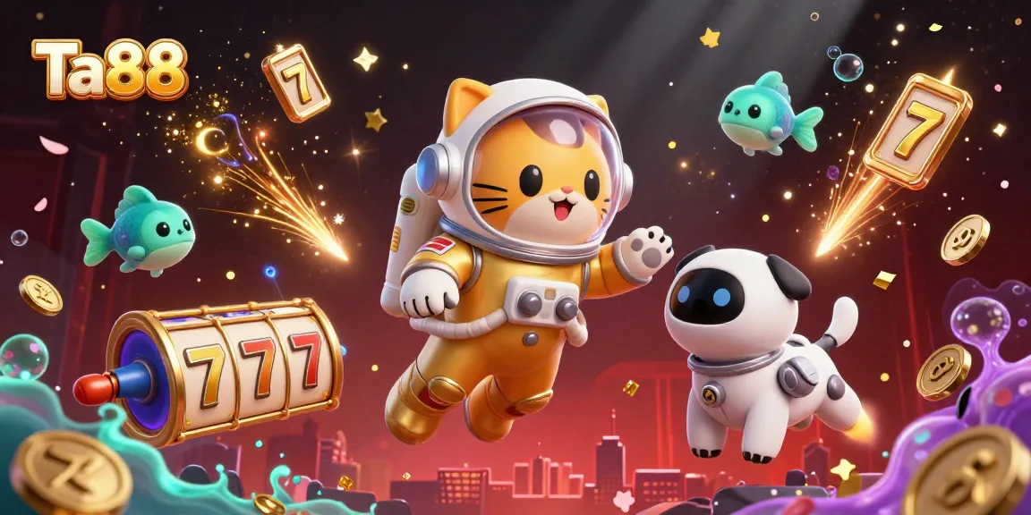 Experience the excitement of Ta88 with this vibrant casino-themed 3D illustration featuring a golden astronaut cat and dynamic game elements.