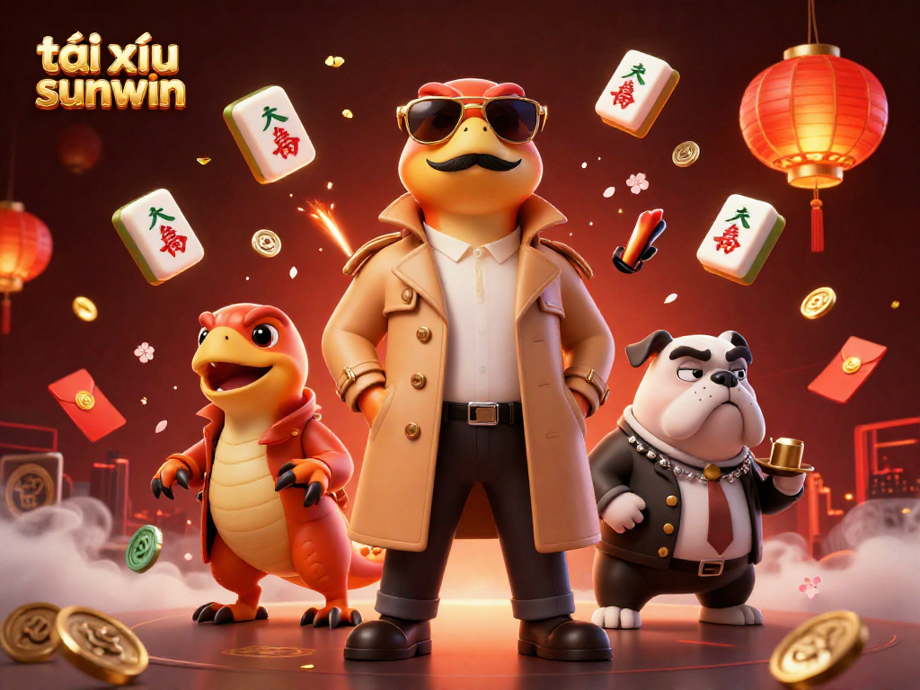 Experience the thrilling tài xỉu sunwin game with raptors in a trench coat, surrounded by vibrant casino elements.