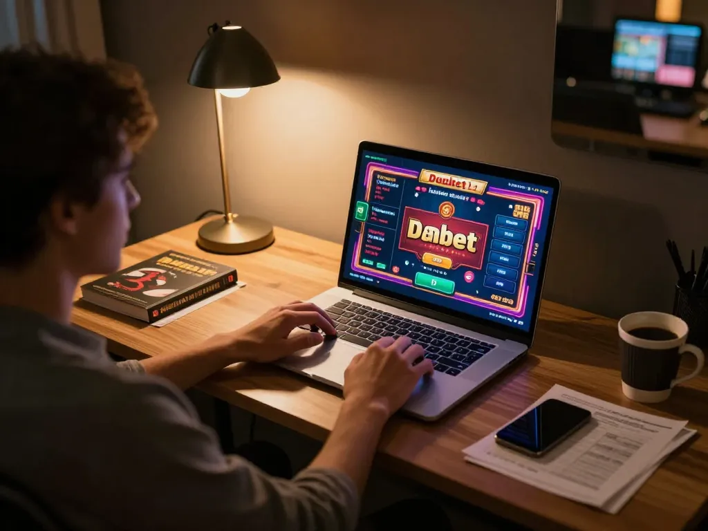 Dabet player engaging in an immersive online casino experience at a stylish desk setup