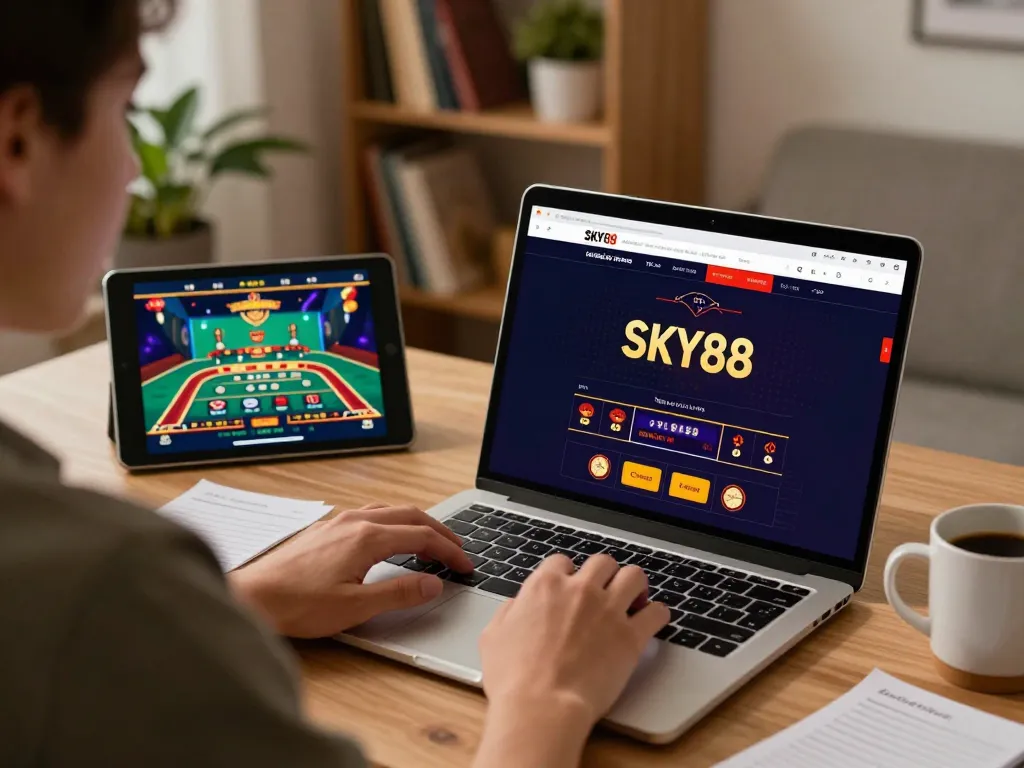 Engaging gaming session showcasing SKY88 hiện đang mở on a laptop with strategic betting notes