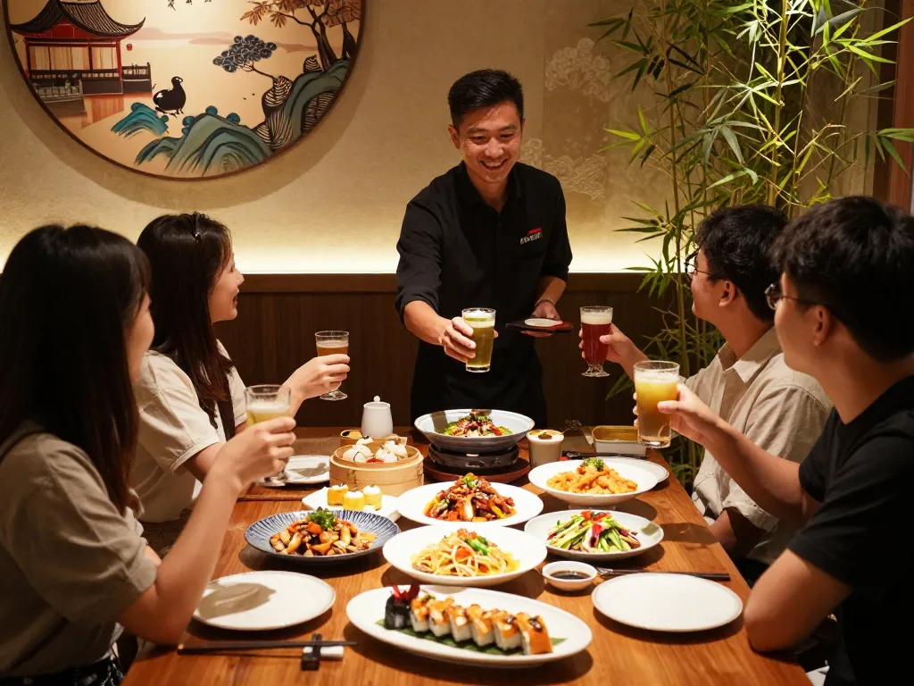Diverse group enjoying a delightful dining experience at Red88 with Asian fusion dishes and warm ambiance.