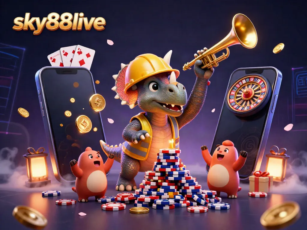 Engage with sky88live's exciting casino atmosphere, featuring playful characters building poker chip pyramids.