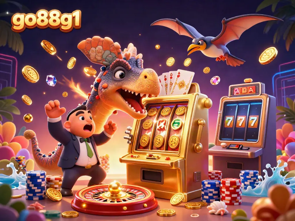 Experience the excitement of go88g1 with cartoon dinosaurs at a vibrant jackpot slot machine scene.