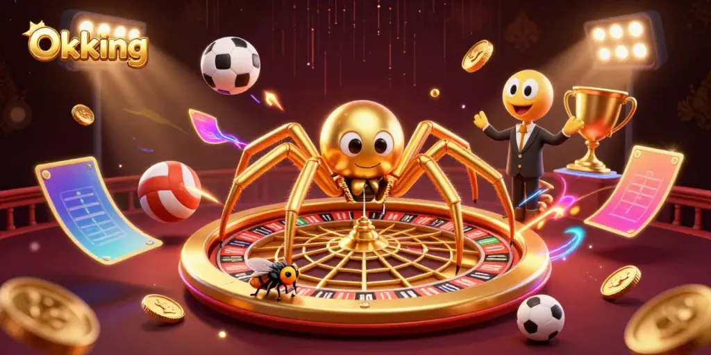 Experience thrills while betting at Okking with a golden spider and centipede croupier in an exciting casino scene.