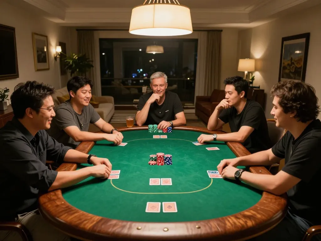 KONG 88 players engaging in a friendly home poker game with vibrant green felt and warm lighting.