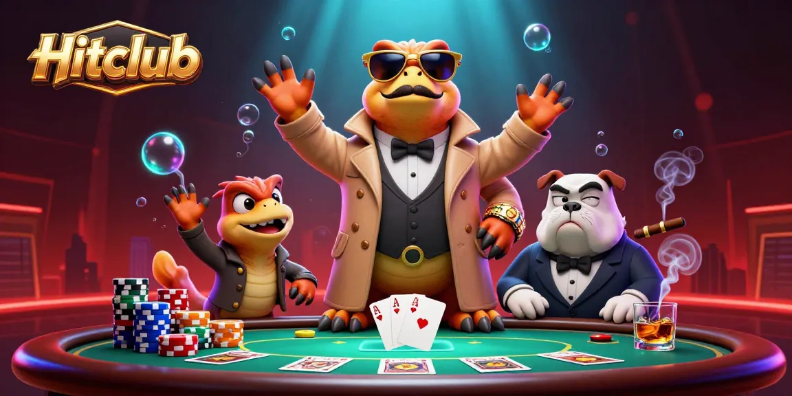 Hitclub raptors attempting casino entry while surrounded by poker elements and vibrant gaming atmosphere.