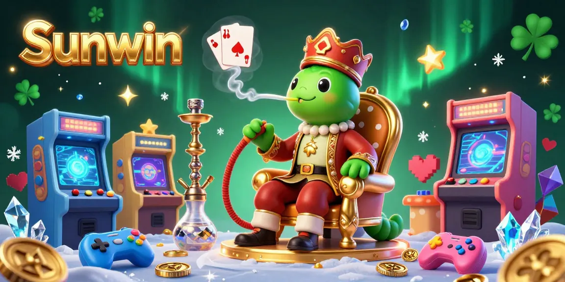 View the vibrant Sunwin gaming scene with a caterpillar hookah-master blowing poker symbols, showcasing arcade elements.