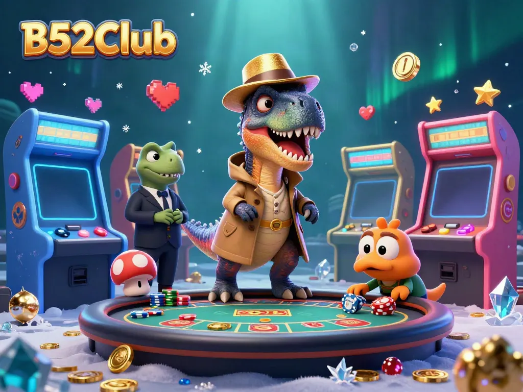 Experience thrilling gameplay at B52Club with cartoon characters engaging at a blackjack table surrounded by colorful graphics