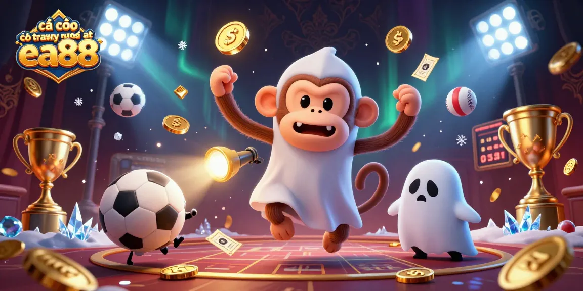 Engage in cá cược có trách nhiệm tại ea88 while exploring a haunted casino scene with a poltergeist monkey and ghost-hunter puppy.