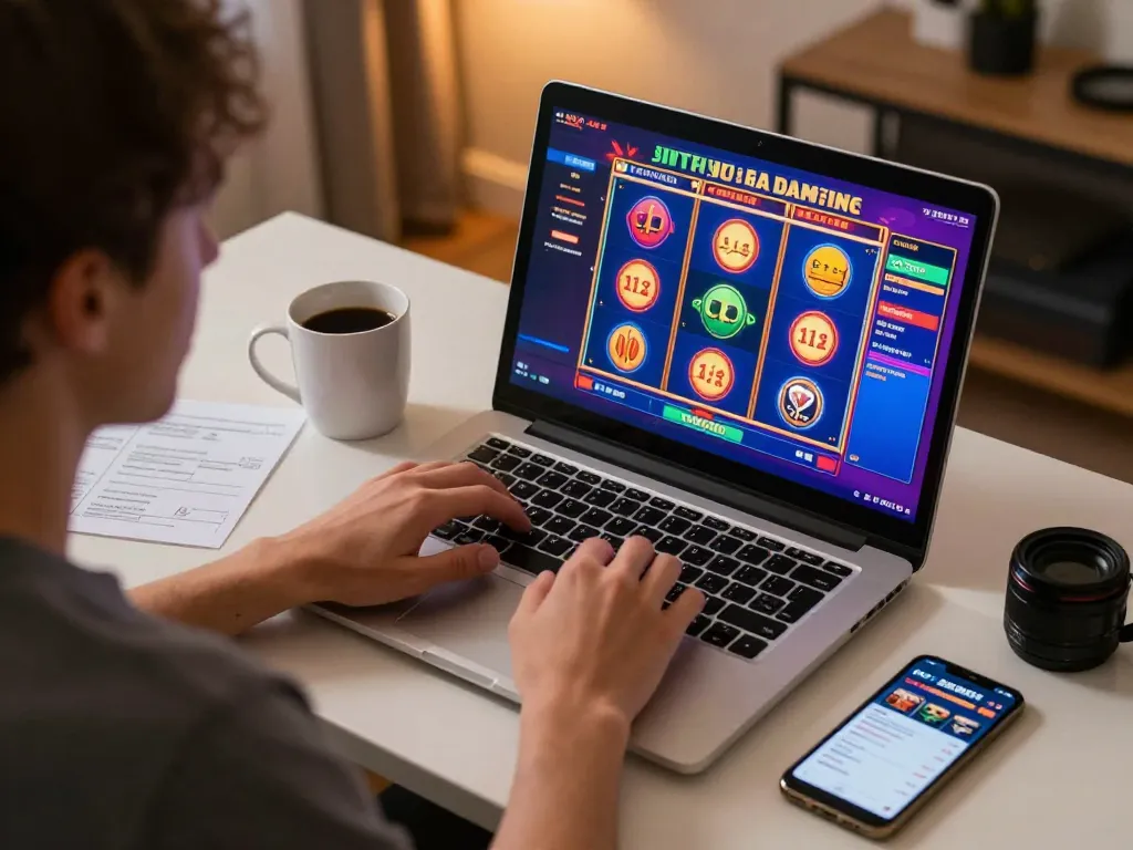 Engaged player strategizing on fc88k slot game at home, showcasing modern gaming setup.