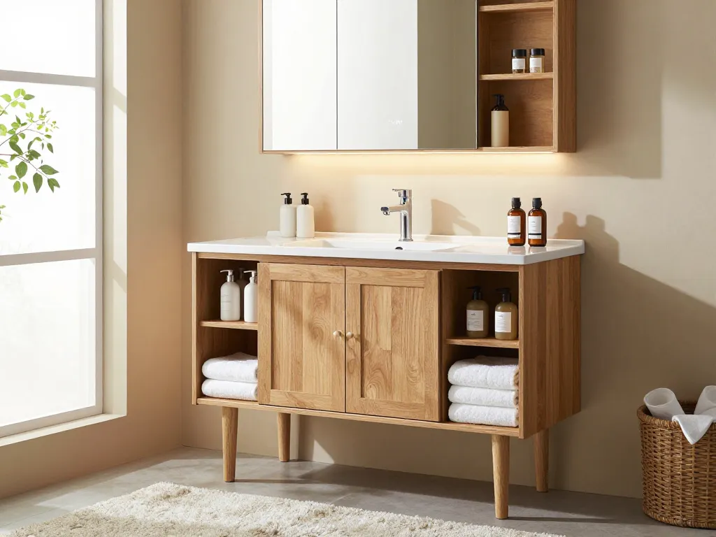 Stijlvolle kasten badkamer met een kolomkast van natuurlijk eiken, uitnodigende sfeer met soft-close deuren en georganiseerde toiletartikelen.