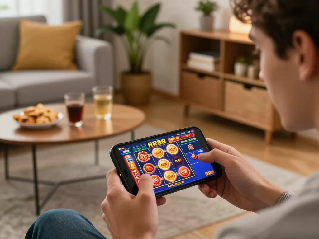 Player enjoying RR88 online slot game on smartphone in cozy home environment.