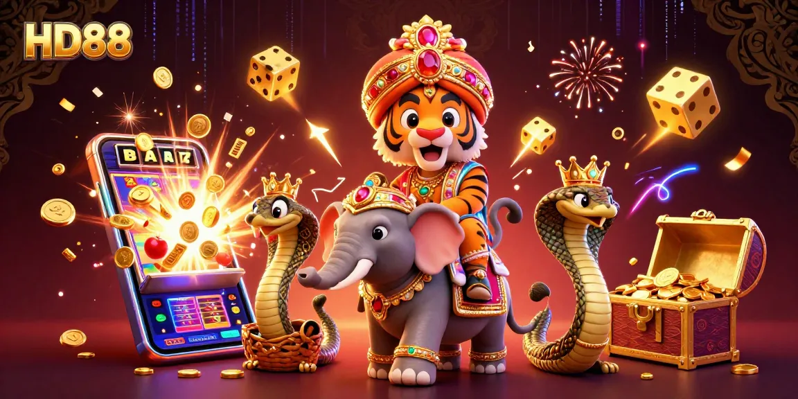 Engage with HD88's lively online casino scene featuring vibrant characters, slot machines, and jackpot excitement.