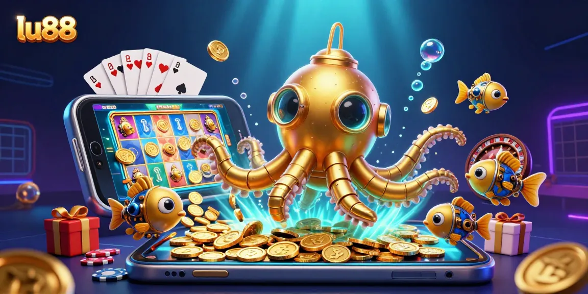 Join the thrilling action with the lu88 kraken submarine amidst golden coins and exciting casino games.