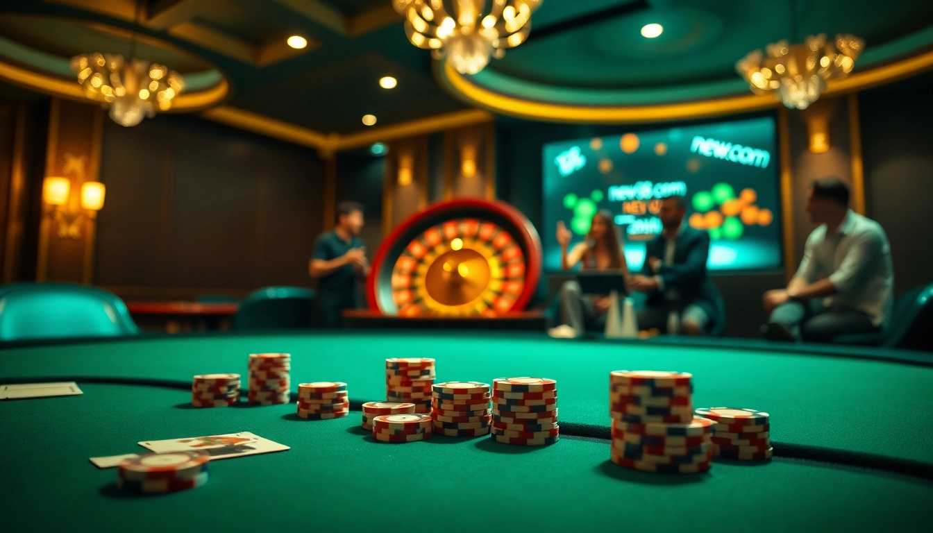 Engage with the thrilling atmosphere of new88.com at a luxury casino featuring poker chips and a spinning roulette wheel.