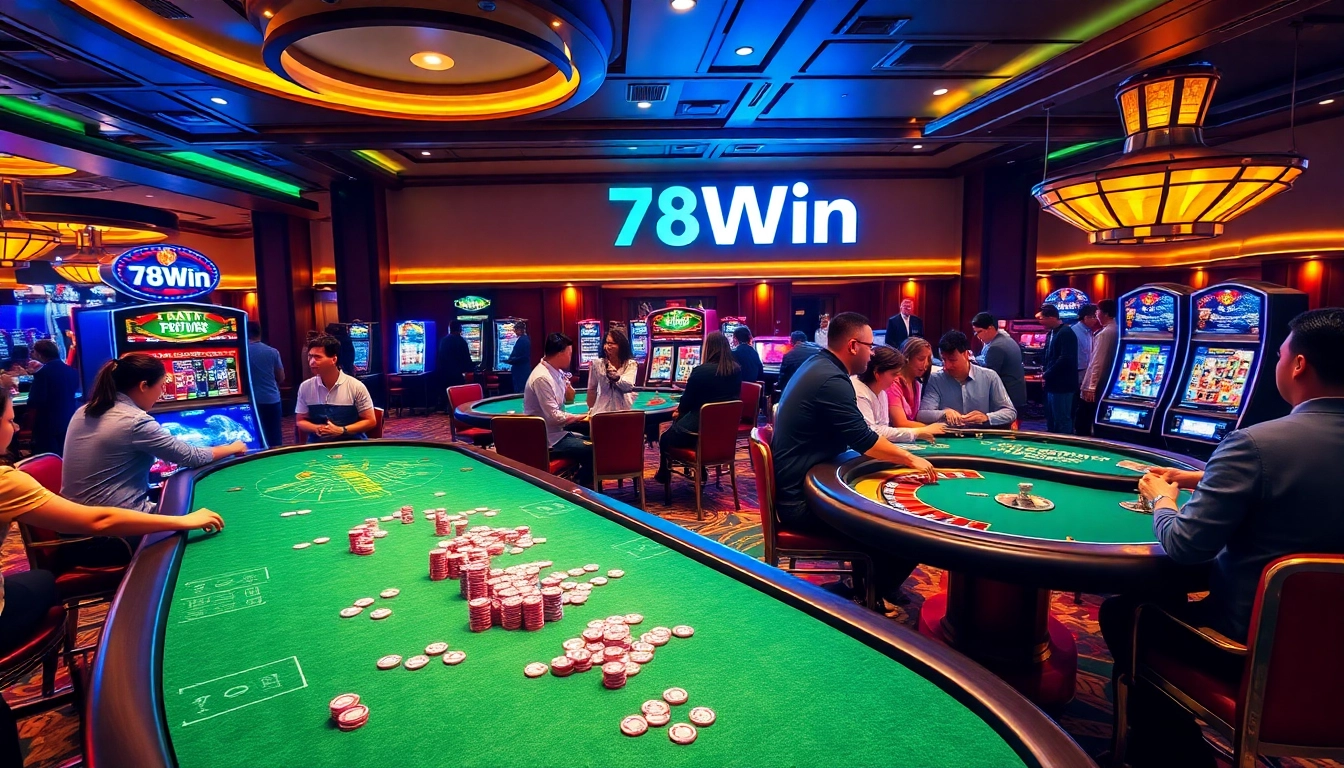 78Win players enjoying an exciting casino atmosphere with vibrant games and luxury elements.