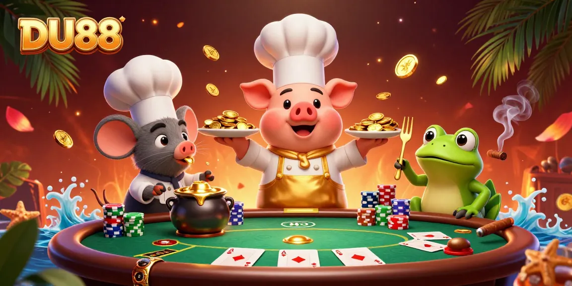 Engage in thrilling moments at DU88 as a pig chef serves gold coins amidst a vibrant casino setting.