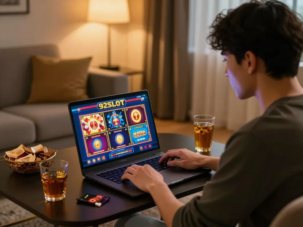 Player enjoying online 92slot gaming experience in a cozy home setting while focusing on vibrant slot interface