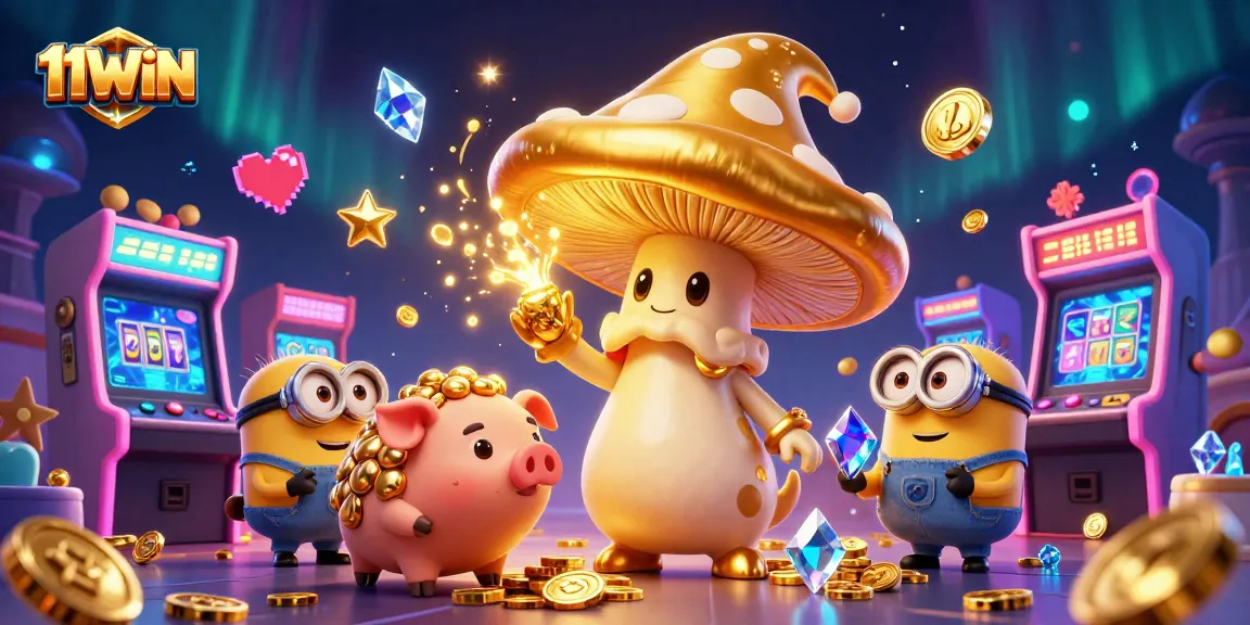 Experience the magic at 11WIN with a golden wizard and treasure-seeking companions amidst vibrant casino elements.