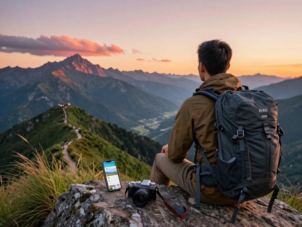 Adventurer gazing at a sunset mountain view with Fly88 gear