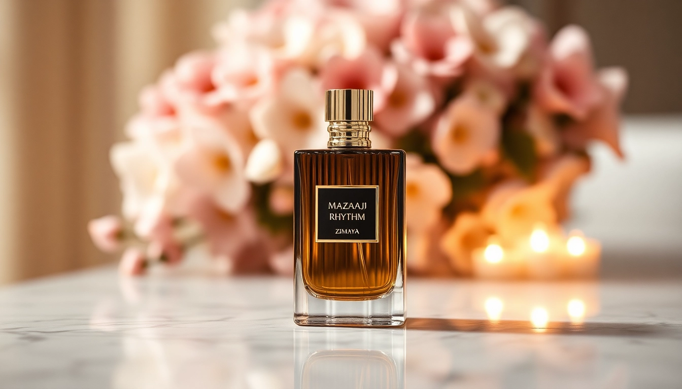 Mazaaj Rhythm by Zimaya fragrance bottle elegantly displayed with floral background.