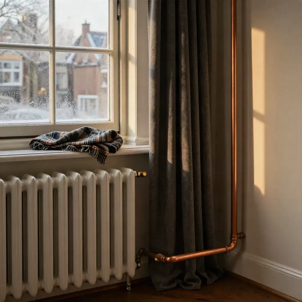 Close-up van radiator, gordijnen, tochtstrips en een geïsoleerde leiding bij een warm hoekje van een rijtjeshuis.