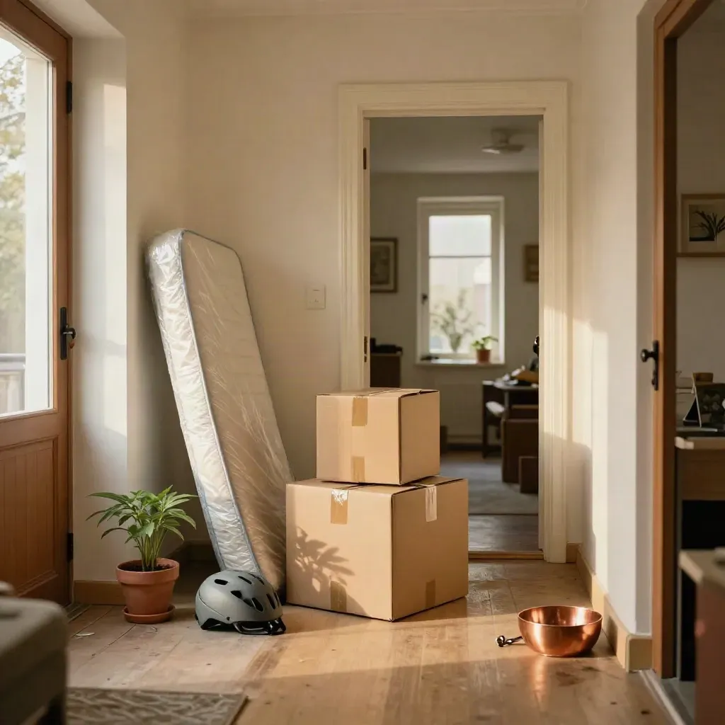 Halflege starterswoning met verhuisdozen, matras in plastic, fietshelm en plant in de hal.