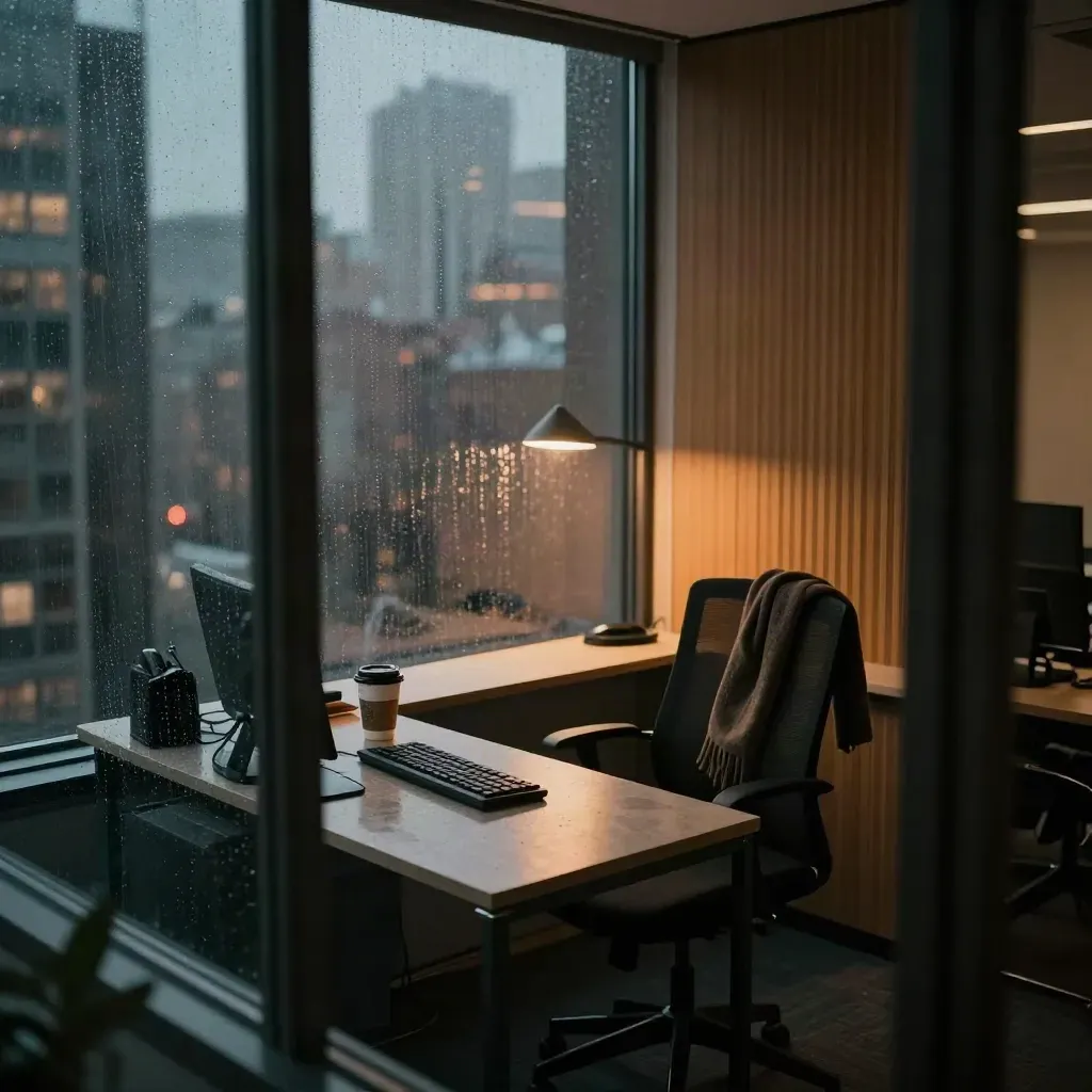 Een kantoorplek ’s avonds laat achter glas, met toetsenbord, koffiebeker en sjaal.