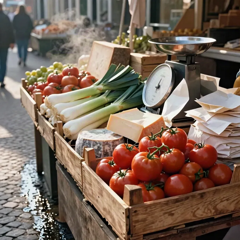 Marktstand met tomaten, prei, kaas en weegschaal langs natte stoep in zacht ochtendlicht