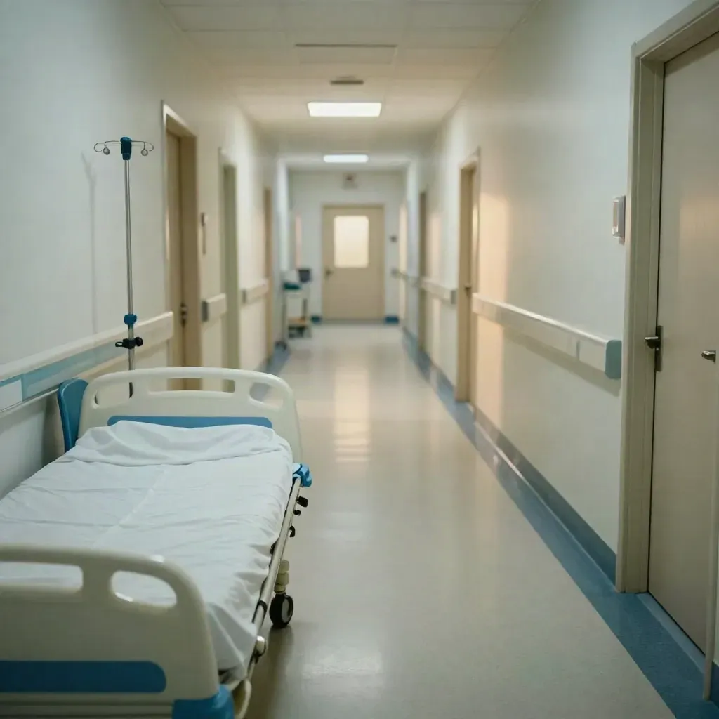 Lege ziekenhuisgang met bed, infuusstandaard en blauwe stoel in koel licht