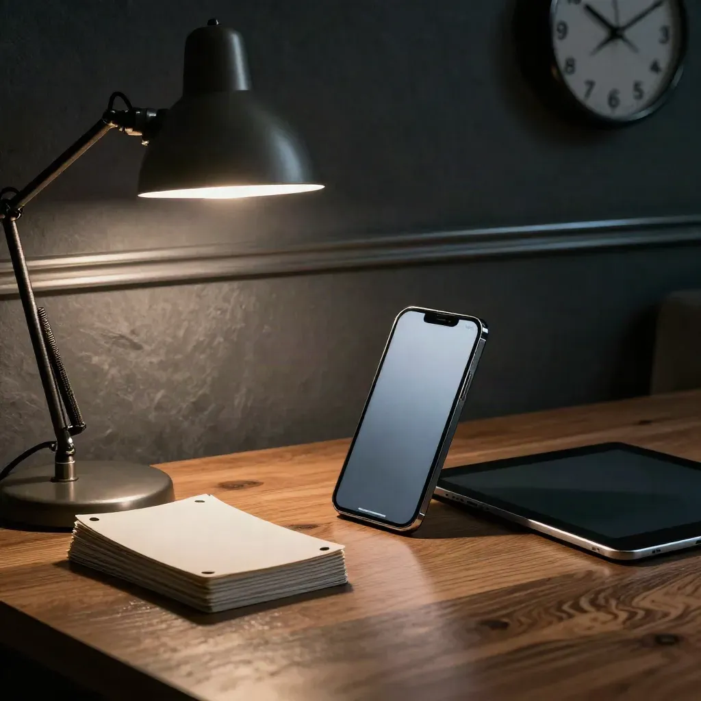Redactiehoek met gesloten smartphone, slapende tablet, kaarten, bureaulamp en klok in halflicht.