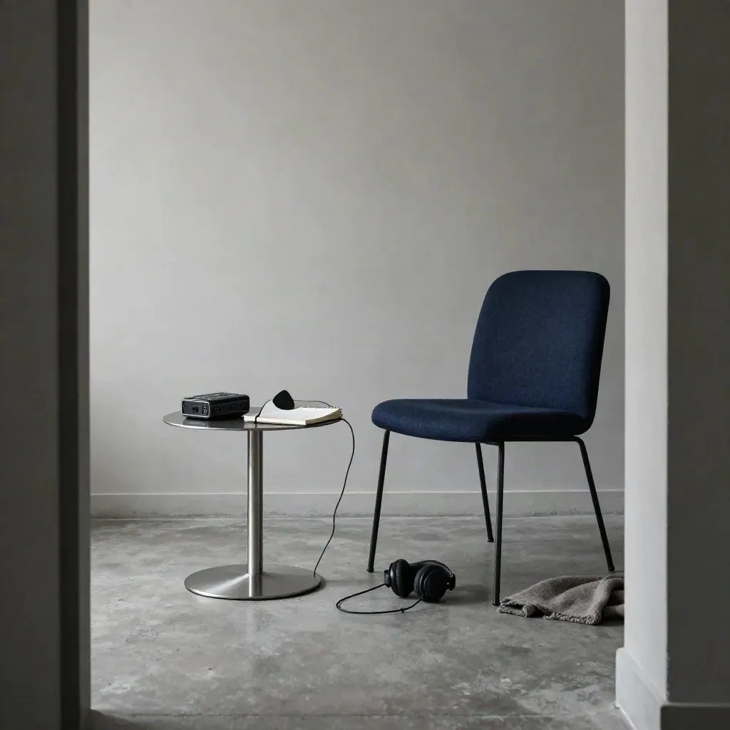 Stille interviewopstelling met recorder, koptelefoon, notitieblok en lege stoel in halflicht.