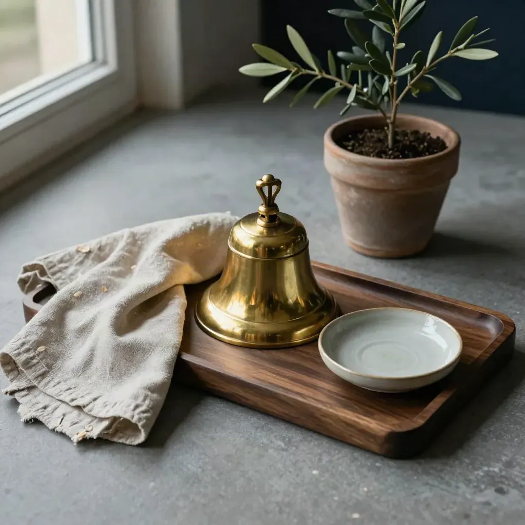 Messing parlementsbel met plantje, linnen doek en keramische schaal op donker hout.