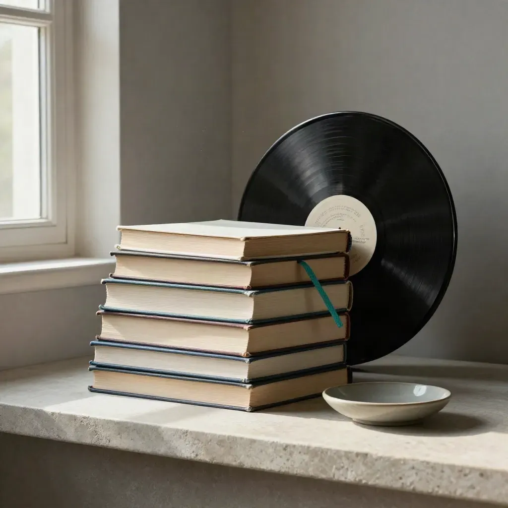 Stapel cultuurboeken met vinylplaat, bladwijzer en keramische schaal op een stenen plank.