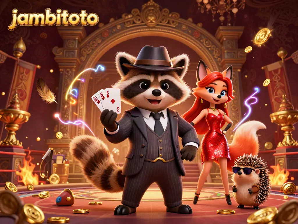 Experience thrilling action with jambitoto as a suave raccoon reveals a royal flush hand in a vibrant casino scene.