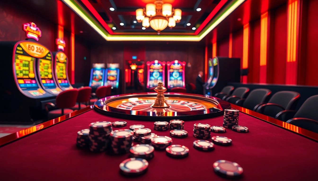 Spin the roulette wheel at bj 88's luxury casino table filled with vibrant poker chips.