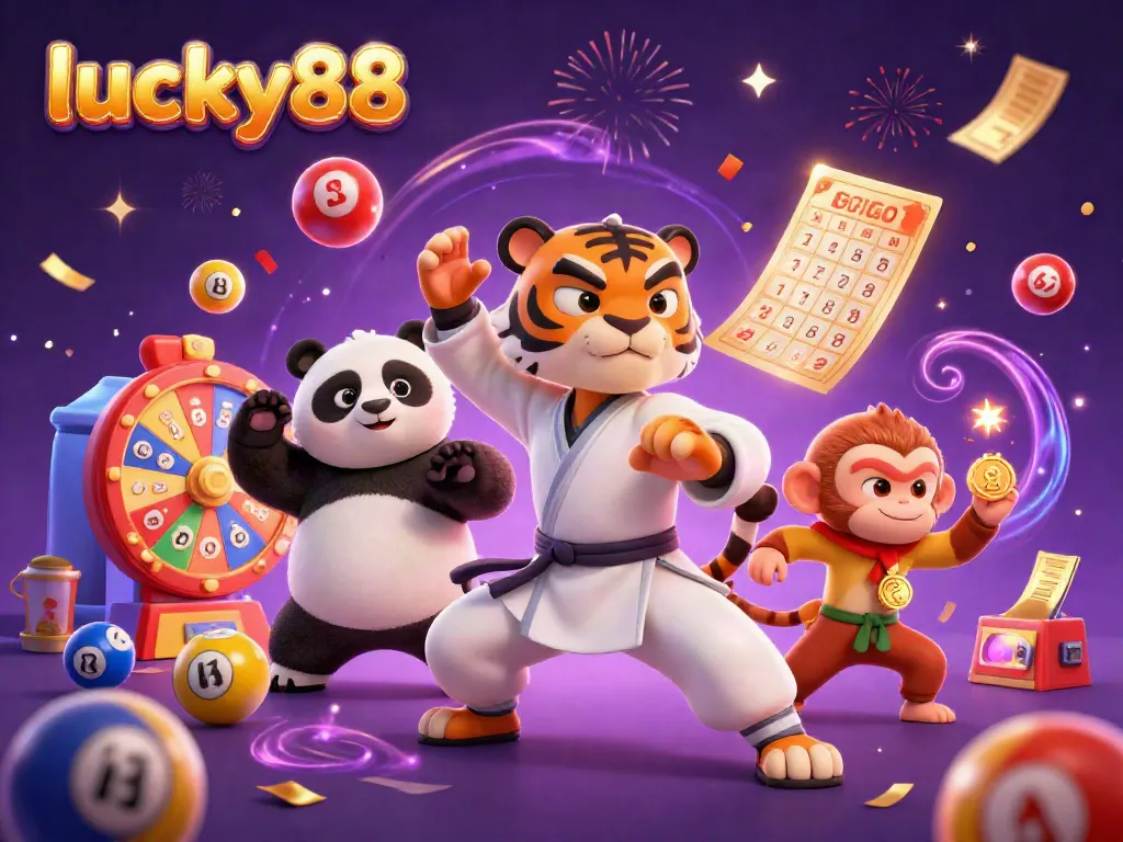 Experience the excitement of lucky88 with a vibrant scene featuring a kung fu tiger and friends celebrating in a dynamic casino atmosphere.