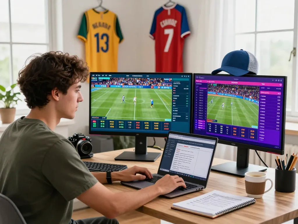 Engaged bettor placing bets on Topbet with vibrant sports event visuals.