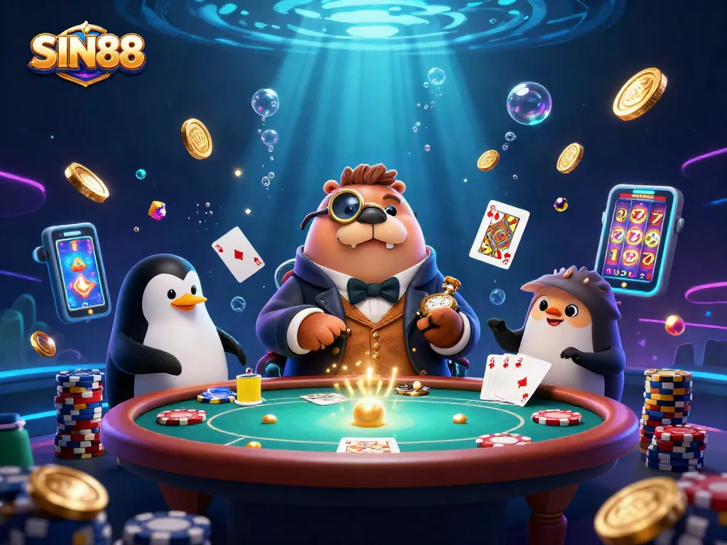 Experience thrilling underwater gambling at SIN88 with a walrus, penguin dealer, and pufferfish player.