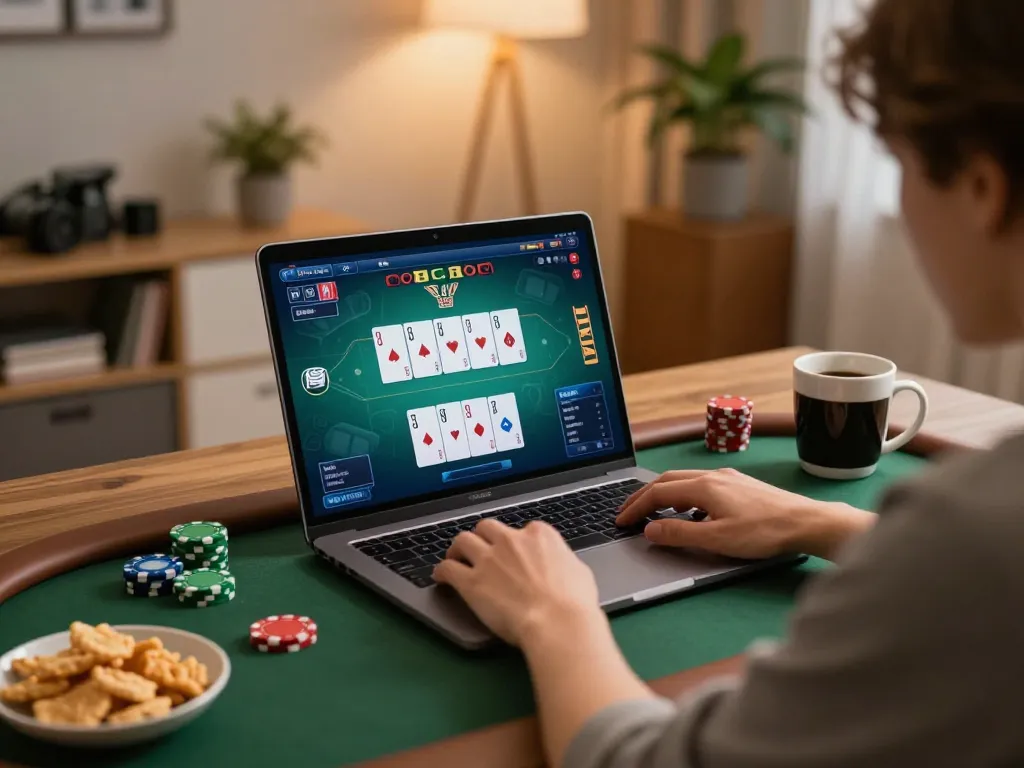 Engaged player using xo88ez for online poker, dynamic interface on laptop, cozy home setting.