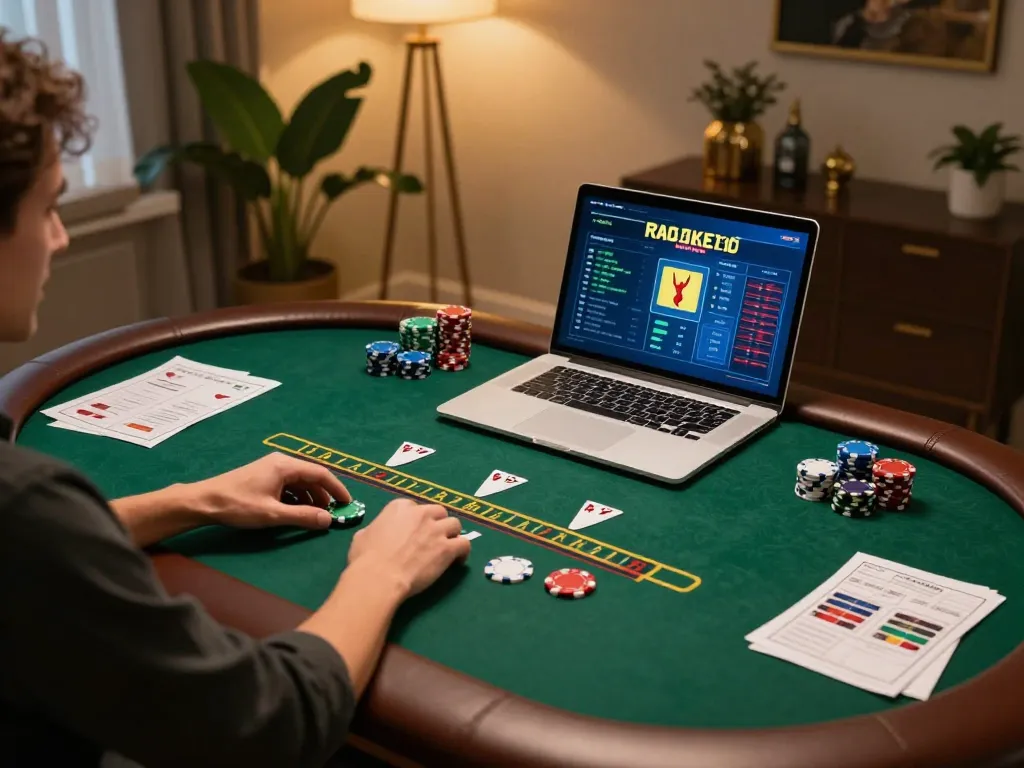 I9BET player engaging in live dealer blackjack at home, showcasing a modern gaming setup with warm ambiance.