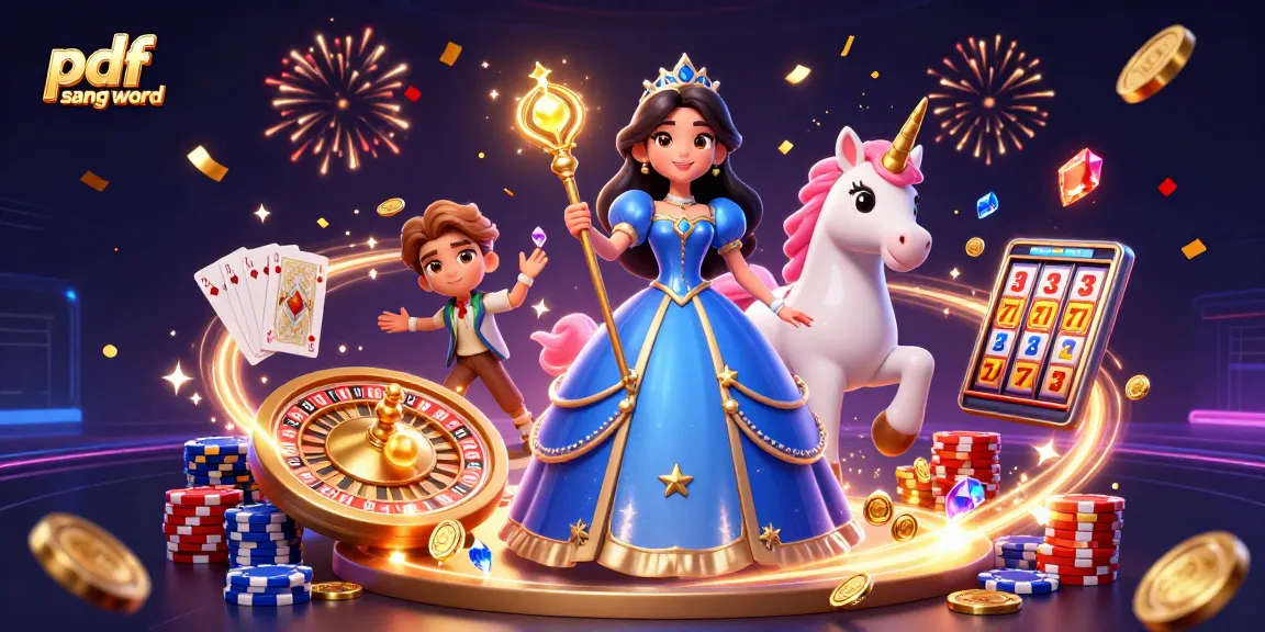 Join the excitement in this rich illustration of pdf sang word, featuring a woman in a royal gown and a unicorn in a vibrant casino atmosphere.