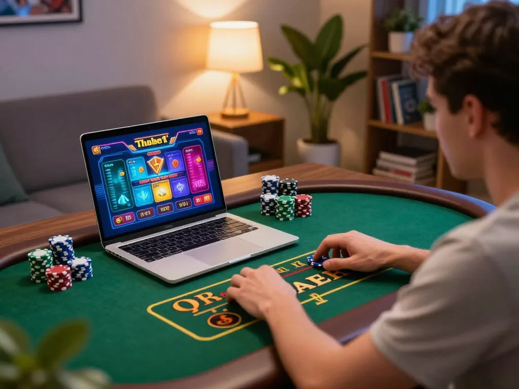 Engaged player enjoying Thabet's online casino gaming experience, focused on screen action.