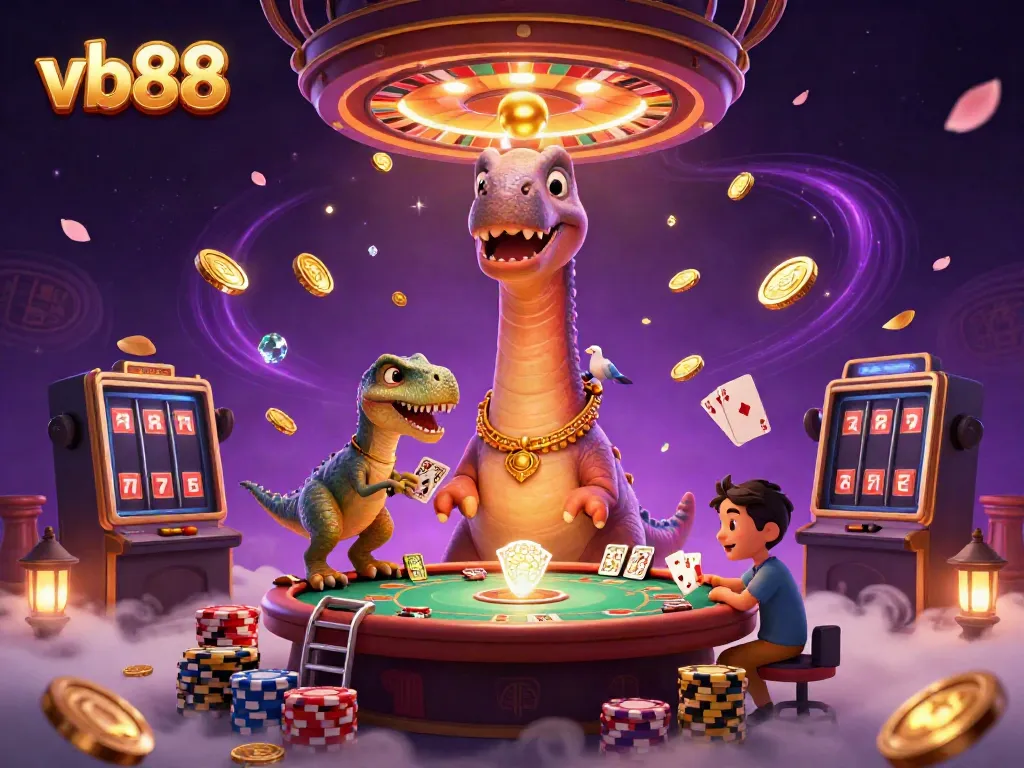 Experience the vibrant world of vb88 with a whimsical casino scene featuring playful characters and dynamic gambling elements.