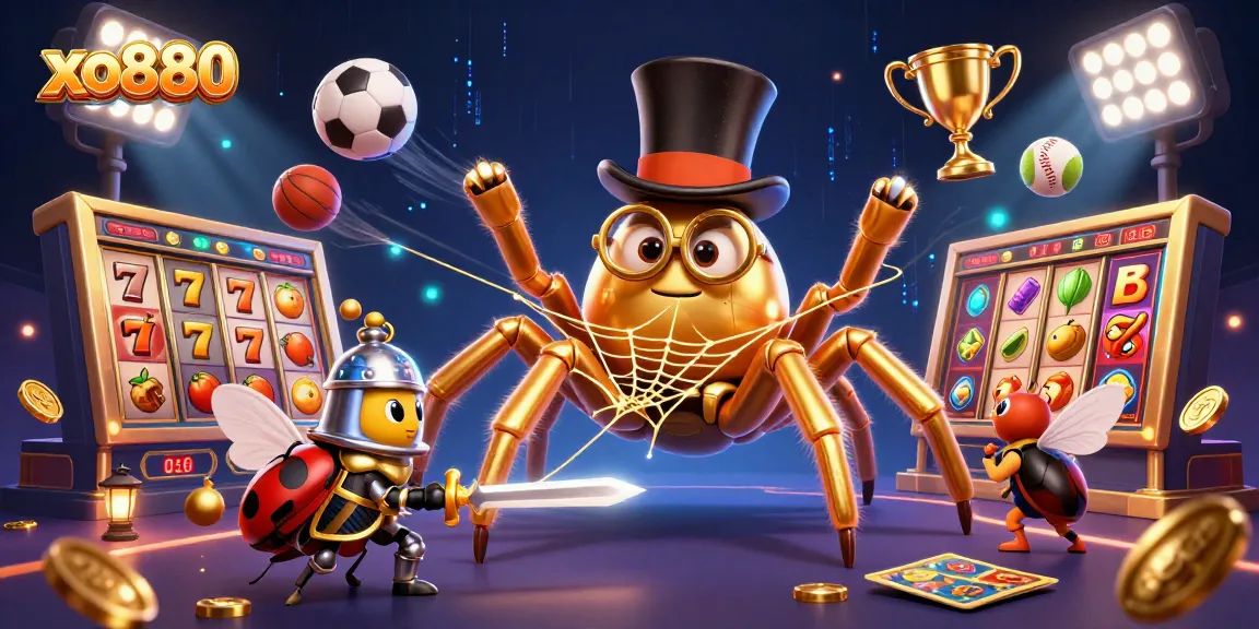 Engaging golden tarantula and beetle knight embodying excitement at xo880's vibrant casino.