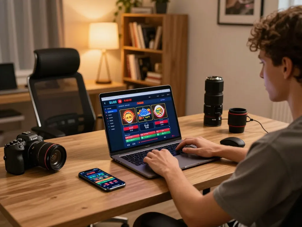 Xo88 uy tín player engaging with online casino on laptop, showcasing a stylish home office.