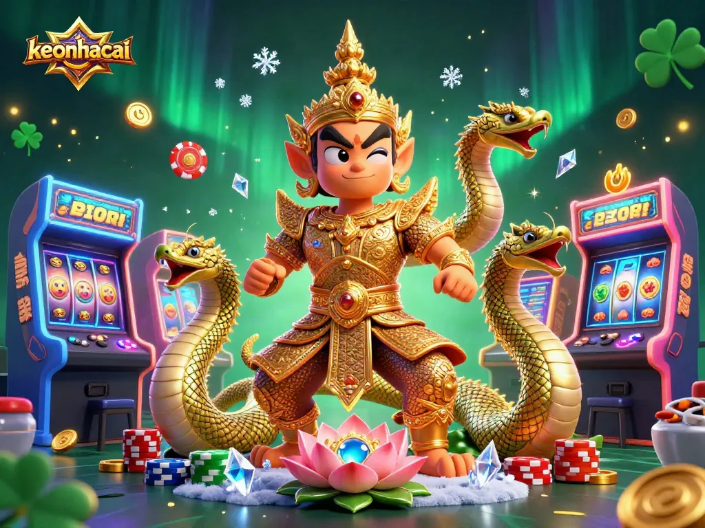 Engage in thrilling gambling with keonhacai’s vibrant 3D illustration showcasing a Thai guardian and casino elements.