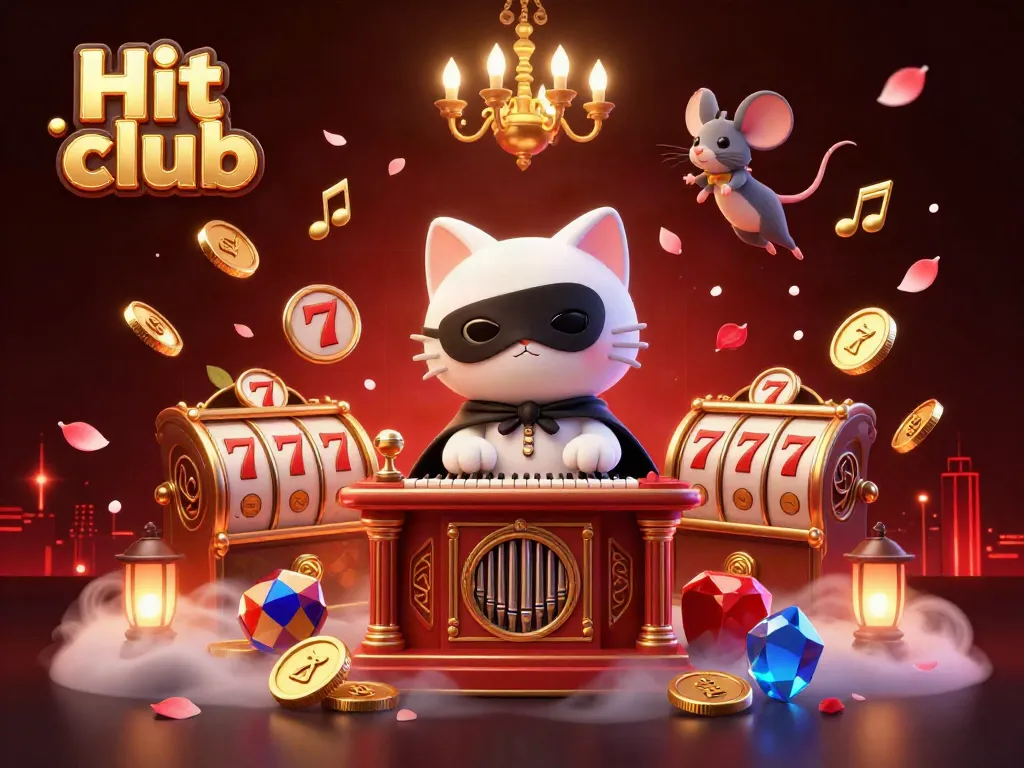 Hit club game scene with a masked cat and acrobat mouse among vibrant slot elements.